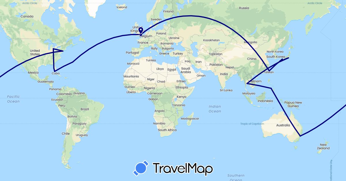 TravelMap itinerary: driving in Australia, Bermuda, United Kingdom, Japan, Philippines, Thailand, Taiwan, United States (Asia, Europe, North America, Oceania)