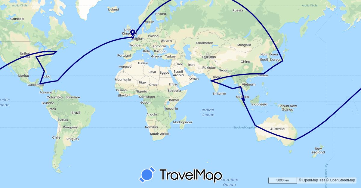TravelMap itinerary: driving in Australia, Dominican Republic, Fiji, United Kingdom, Honduras, India, Japan, Malaysia, Singapore, Thailand, Taiwan, United States (Asia, Europe, North America, Oceania)